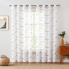 Curtainking Farmhouse Leaf Embroidery Grommet Sheer Curtains, 58" x 84" (2 Panels)