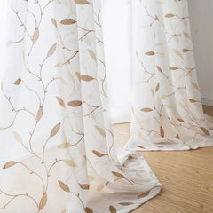Curtainking Farmhouse Leaf Embroidery Grommet Sheer Curtains, 58" x 84" (2 Panels)