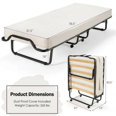 Folding Rollaway Bed, Metal Frame Bed Storage Cover Included, Portable Foldable Guest Bed for Adults, Cot Size Fold up Bed with Memory Foam Mattress on Wheels 76.5" x 31.5" x 16"