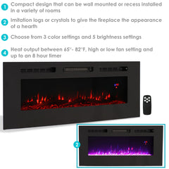 Sunnydaze Sophisticated Hearth 50" x 18.75" Wall-Mount/Recessed Electric Indoor Fireplace, Black