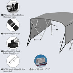 4 Bow Top Boat Cover with Aluminum Alloy Frame, Include Straps & Adjustable Rear Support Pole, Zippered Storage Boot, PU Coating Canvas Gray 8'L x 54" H x 73"-78" W
