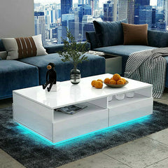Hommpa LED Coffee Table Rectangular High Gloss Coffee Tea Table Modern Center Table with LED Light 4 Storage Drawers Sofa End Table for Living Room 35.4 x 22 x 13.8 Inches