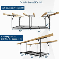 Riedhoff Garage Overhead Storage Racks 72" x 36", with Stable Triangle Support, Black