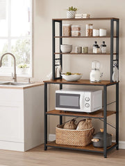 VASAGLE Baker's Rack Microwave Oven Stand Kitchen Tall Utility Storage Shelf 6 Hooks and Metal Frame Industrial 15.7 x 31.5 x 65.7 Inches Rustic Brown and Black