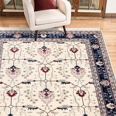 Montacute Hand Knotted Area Rug, Keshan Ivory Navy, 9' x 12'