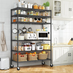 REIBII 6-Tier Wire Shelving Unit with Wheels, 82"H x 45"W x 18"D, 1200LBS Capacity,Adjustable Metal Storage Shelves for Garage,Kitchen,Pantry,Black