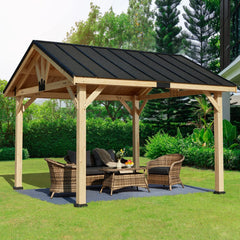 Erommy Hardtop Asphalt Roof Spruce Wood Gazebo 11 x 12 ft