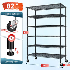 REIBII 6-Tier Wire Shelving Unit with Wheels, 82"H x 45"W x 18"D, 1200LBS Capacity,Adjustable Metal Storage Shelves for Garage,Kitchen,Pantry,Black