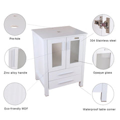 Eclife 24"W x 20"D x 32"H Classical Bathroom Vanity Vessel Sink Set with Faucet, Mirror White Vanity and Ocean Blue Square Glass Sink Pop up Drain Combo