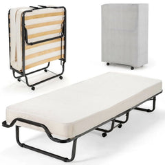 Folding Rollaway Bed, Metal Frame Bed Storage Cover Included, Portable Foldable Guest Bed for Adults, Cot Size Fold up Bed with Memory Foam Mattress on Wheels 76.5" x 31.5" x 16"