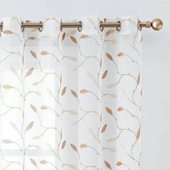 Curtainking Farmhouse Leaf Embroidery Grommet Sheer Curtains, 58" x 84" (2 Panels)