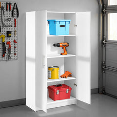 Prepac Adjustable Shelves Cabinet - Functional Tall Garage Table, 16"D x 32"W x 65"H Freestanding Garage Cabinet with 2-Doors, White - WES-3264