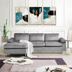 HomeStock Luxe Modern Velvet L-Shape Sectional Sofa with Square Padded Armrests, Solid Pattern Upholstery - 51.6"D x 101.2"W x 33.1"H, Comfortable and Stylish Seating for Living Room-Color:Gray/Gold