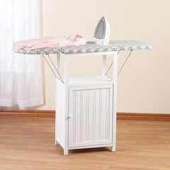 OakRidge Deluxe Ironing Board with Storage Cabinet, Perfect for Small Spaces with Extra Storage, Folding Station, Crafted with 100% Durable Wood, White Design C Measures 36.5" H x 15.5" W x 23" L
