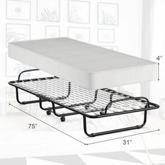 75" x 31" x 13" Folding Bed with Mattress, Rollaway Bed Metal Frame on Wheels, Portable Foldable Guest Bed for Adults, Cot Size Fold up Bed with Memory Foam Mattress