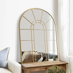 Lirago 42" x 28" Arched Decorative Mirror Metal Window Pane Wall Mirror, Gold
