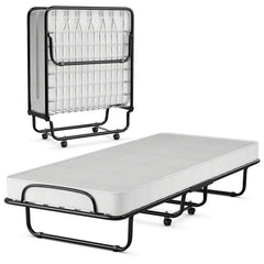 75" x 31" x 13" Folding Bed with Mattress, Rollaway Bed Metal Frame on Wheels, Portable Foldable Guest Bed for Adults, Cot Size Fold up Bed with Memory Foam Mattress