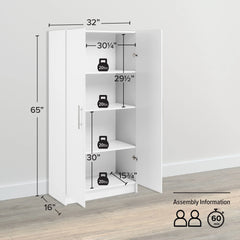 Prepac Adjustable Shelves Cabinet - Functional Tall Garage Table, 16"D x 32"W x 65"H Freestanding Garage Cabinet with 2-Doors, White - WES-3264