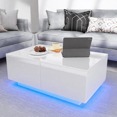 Hommpa Rectangular Coffee Table with LED Lights Tea Tables with 4 Drawers High Gloss Modern Living Room Furniture White Finish Sofa Side Table 37.4 x 23.6 x 15.4 Inches