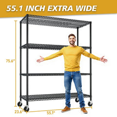 IVV 4-Tier Wire Shelving Unit on Wheels, Rolling Metal Storage Utility Rack, 2500LBS Capacity, Height Adjustable for Restaurant Garage Pantry Kitchen, 55.12"L x 23.62"W x 75.59"H, Black