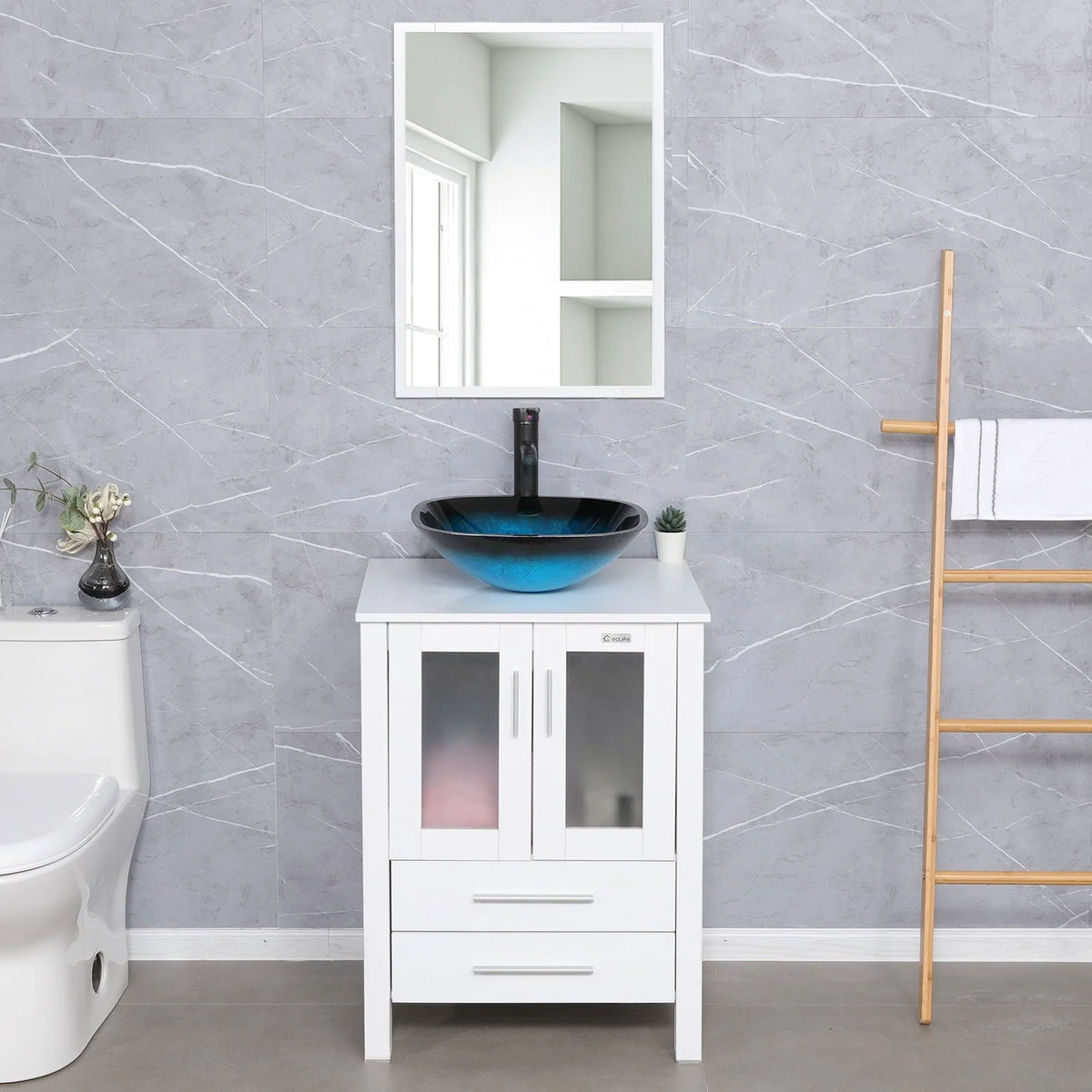 Eclife 24"W x 20"D x 32"H Classical Bathroom Vanity Vessel Sink Set with Faucet, Mirror White Vanity and Ocean Blue Square Glass Sink Pop up Drain Combo