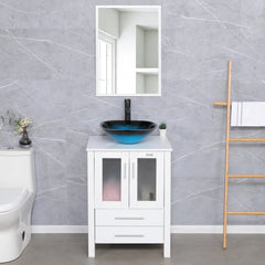 Eclife 24"W x 20"D x 32"H Classical Bathroom Vanity Vessel Sink Set with Faucet, Mirror White Vanity and Ocean Blue Square Glass Sink Pop up Drain Combo