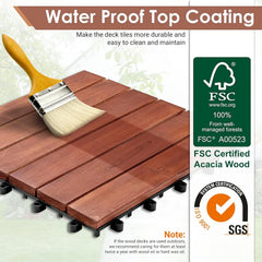 BuxWellBang 12'' x 12'' Interlocking Deck Tiles, Acacia Wood for Flooring, 27 Pcs, Brown