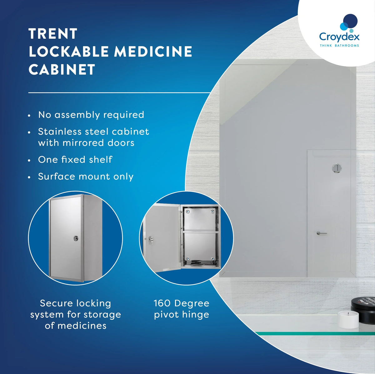 Croydex Trent Lockable Bathroom Storage Medicine Cabinet, Stainless Steel (15.7 x 9.8 in)