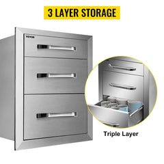 Outdoor Kitchen Drawers 18" W x 20.5" H x 20.5" D, Flush Mount Triple Access BBQ Drawers with Stainless Steel Handle, BBQ Island Drawers for Outdoor Kitchens or BBQ Island Patio Grill Station