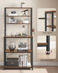 VASAGLE Baker's Rack Microwave Oven Stand Kitchen Tall Utility Storage Shelf 6 Hooks and Metal Frame Industrial 15.7 x 31.5 x 65.7 Inches Rustic Brown and Black