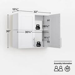 Prepac Elite 32" H Wall Cabinet with Panel Doors, White Storage Cabinet, Bathroom Cabinet, Pantry Cabinet with with 1 Adjustable Shelf 12.75" D x 32" W x 30" H, WSUR-1003-1