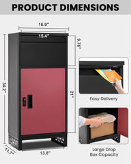 Lilypelle Outside Package Delivery Boxes, 17" x 12" x 34" Large Galvanized Steel Wall and Floor Mount Locking Mailbox, Anti-Theft Delivery Box for Porch, IPX3 Waterproof